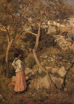 約翰 威廉姆 沃特豪斯 Two Little Italian Girls by a Village 約翰 威廉姆 沃特豪斯 Two Little Italian Girls by a Village